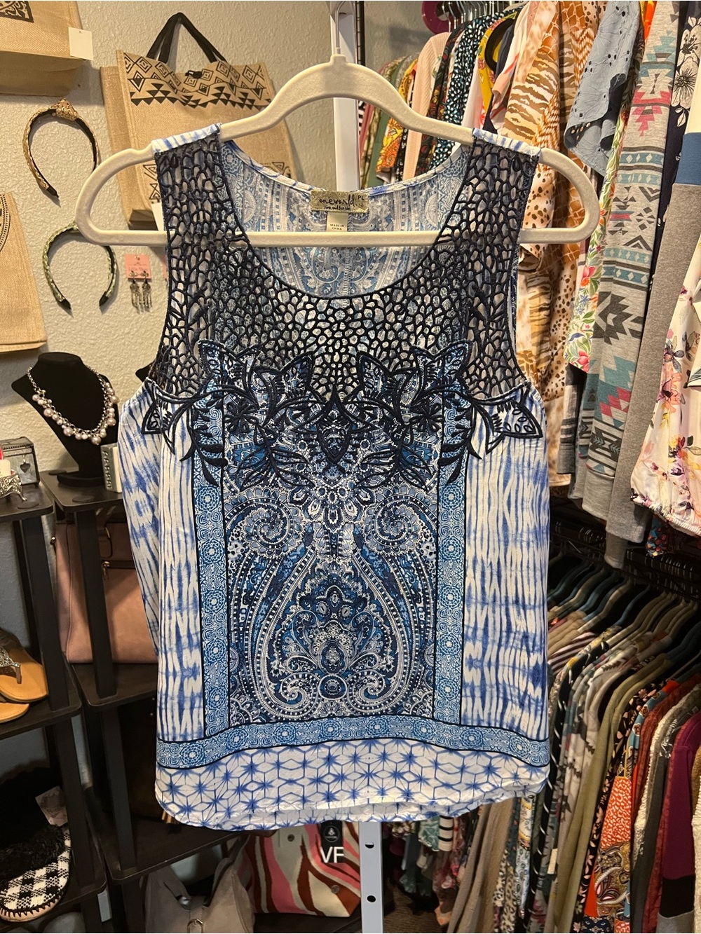 ONE WORLD Blue Paisley Embroidered Sleeveless Tank